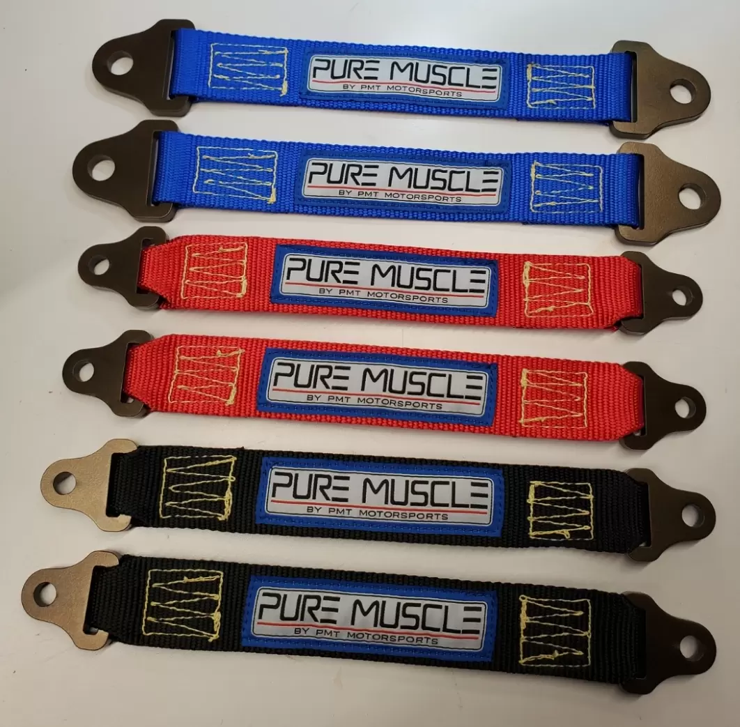 Set of Pure Muscle blue, red, and black strap lanyards with metal ends for motorsports, laid in a row showing labels.