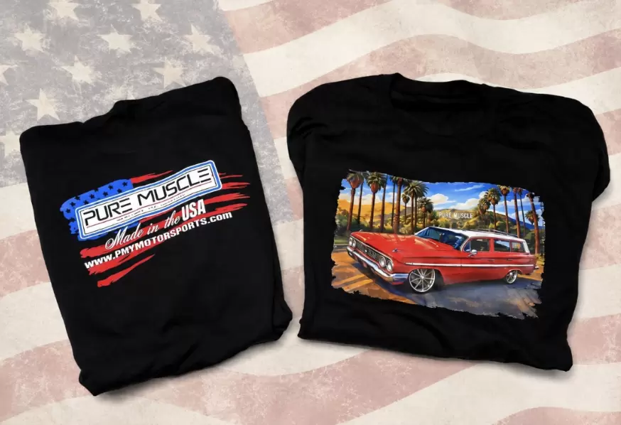 Two black T-shirts on a flag-pattern backdrop; left reads 'Pure Muscle' logo, right shows a red vintage car with palm trees.